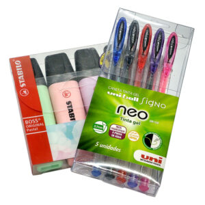 5 Caneta Gel Signo Neo Uni-ball + 4 Marca Texto Stabilo Boss