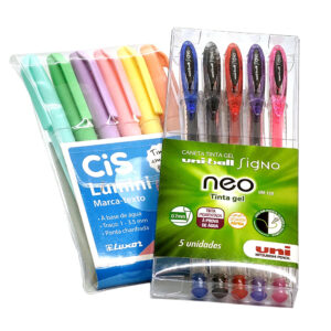 5 Caneta Gel Signo Neo Uni + 6 Marca Texto Lumini Pastel CiS